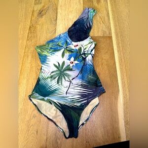 Jean Paul Gaultier floral mesh one shoulder bathing suit Soleil collection